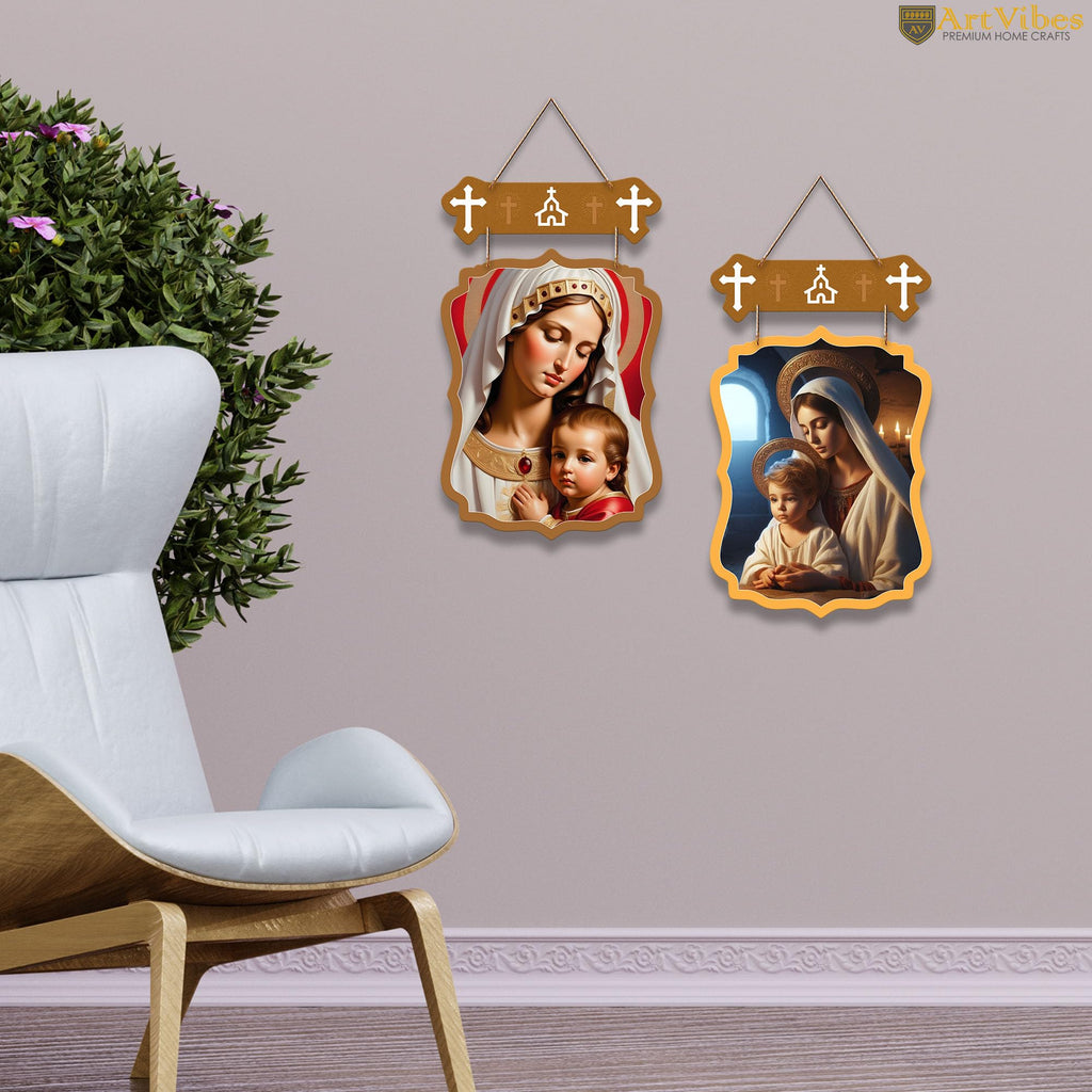 Artvibes Christian Sacred Art Designer Wooden Wall Hanging Decoration Items for Living Room | Spiritual Decor Items | Wall Poster | Modern Decor Items | Unique Gift (WH_9720N), Set of 2