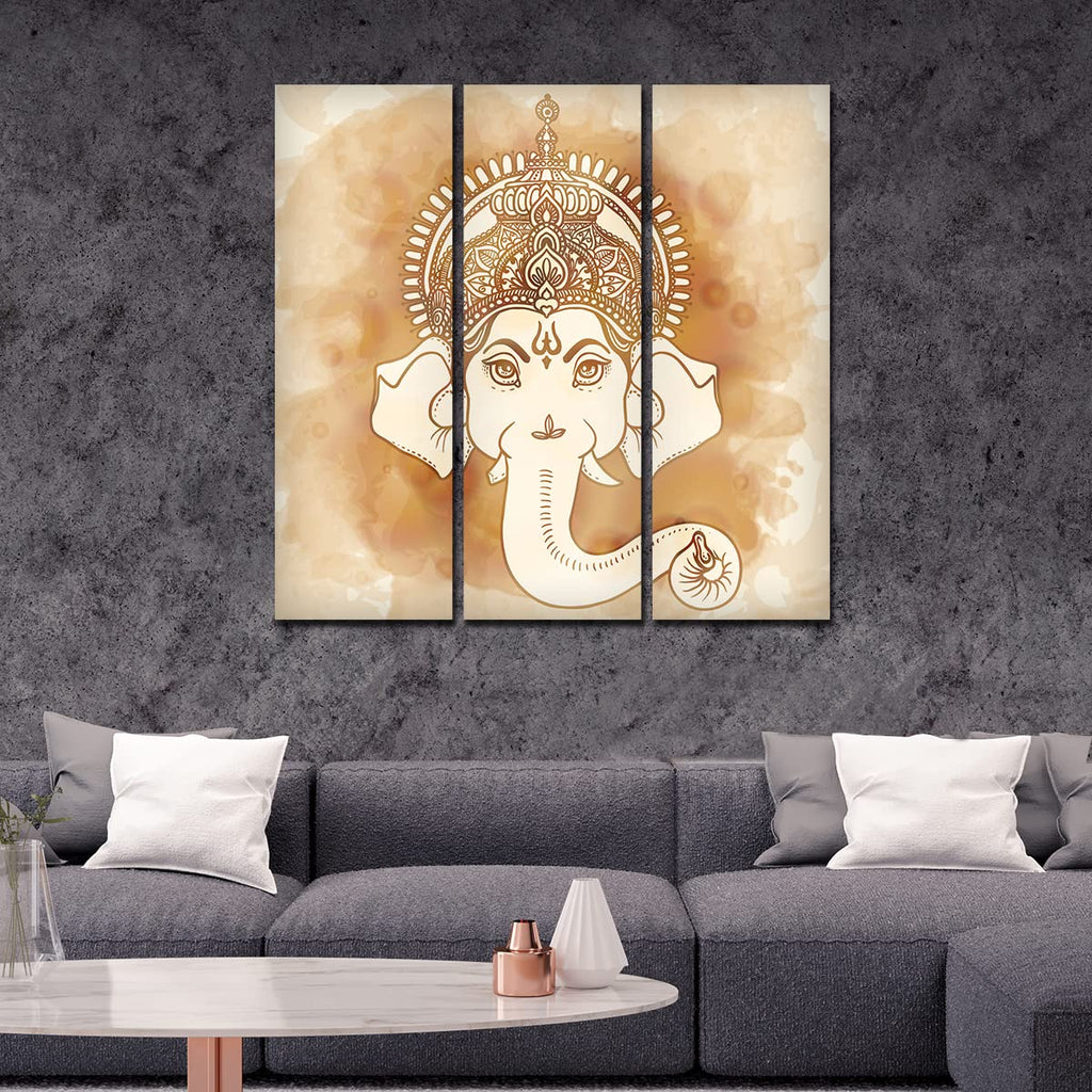 VIBECRAFTS 3 Pieces Beautiful Ganesha Face Canvas Wall Painting Fitted With Wooden Frame For Home | Office | Living Room | Gifts (PTVC3Pcs1_9556)