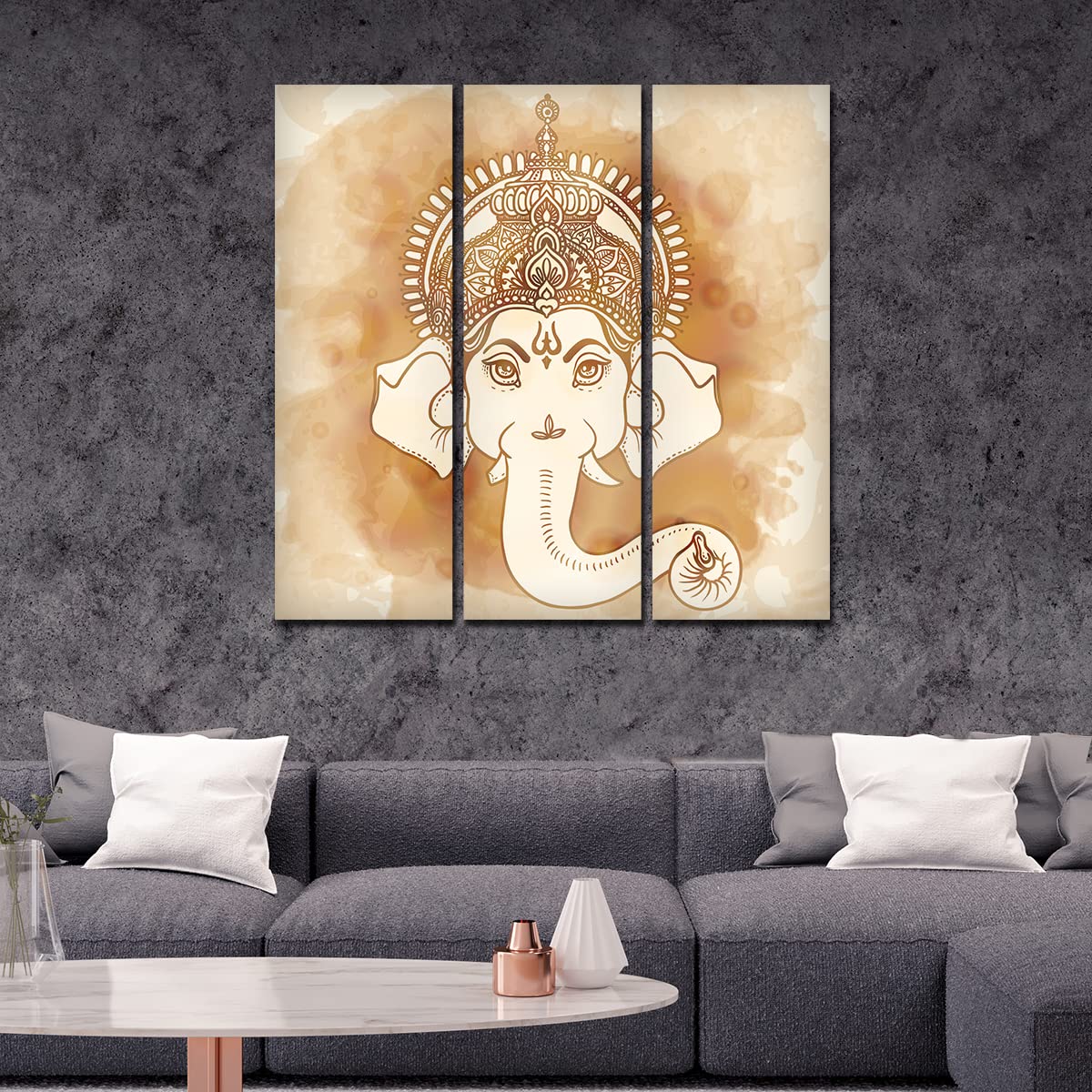 VIBECRAFTS 3 Pieces Beautiful Ganesha Face Canvas Wall Painting Fitted With Wooden Frame For Home | Office | Living Room | Gifts (PTVC3Pcs1_9556)