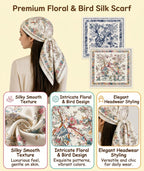 Head Scarf for Women, Fashion Silk Scarf for Stylish Hair Protection, Multipurpose Headwear for Sleeping and Daily Use, 2PCS Floral Bird Pattern Design in White and Blue, 70cm x 70cm Square Size