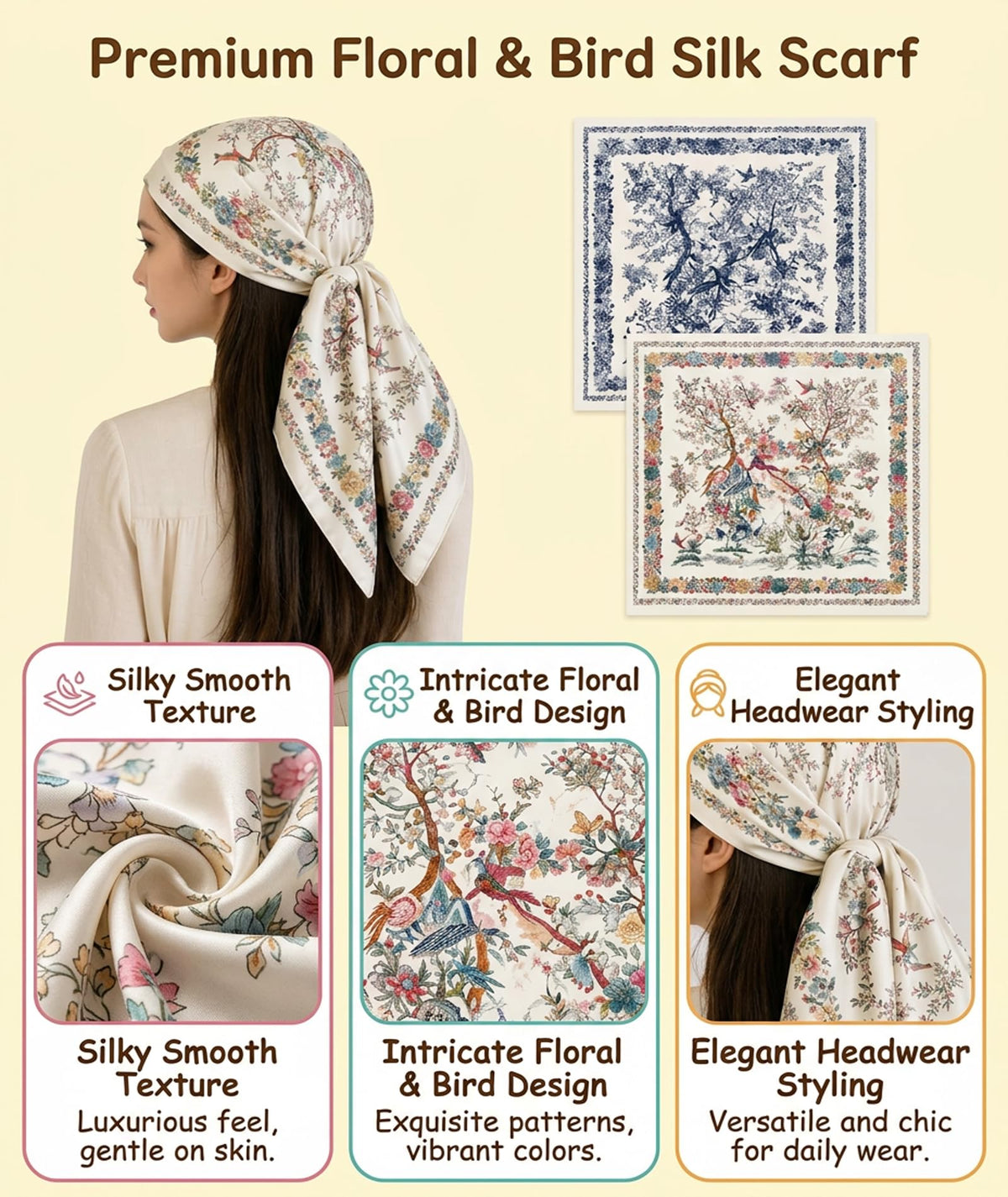 Head Scarf for Women, Fashion Silk Scarf for Stylish Hair Protection, Multipurpose Headwear for Sleeping and Daily Use, 2PCS Floral Bird Pattern Design in White and Blue, 70cm x 70cm Square Size