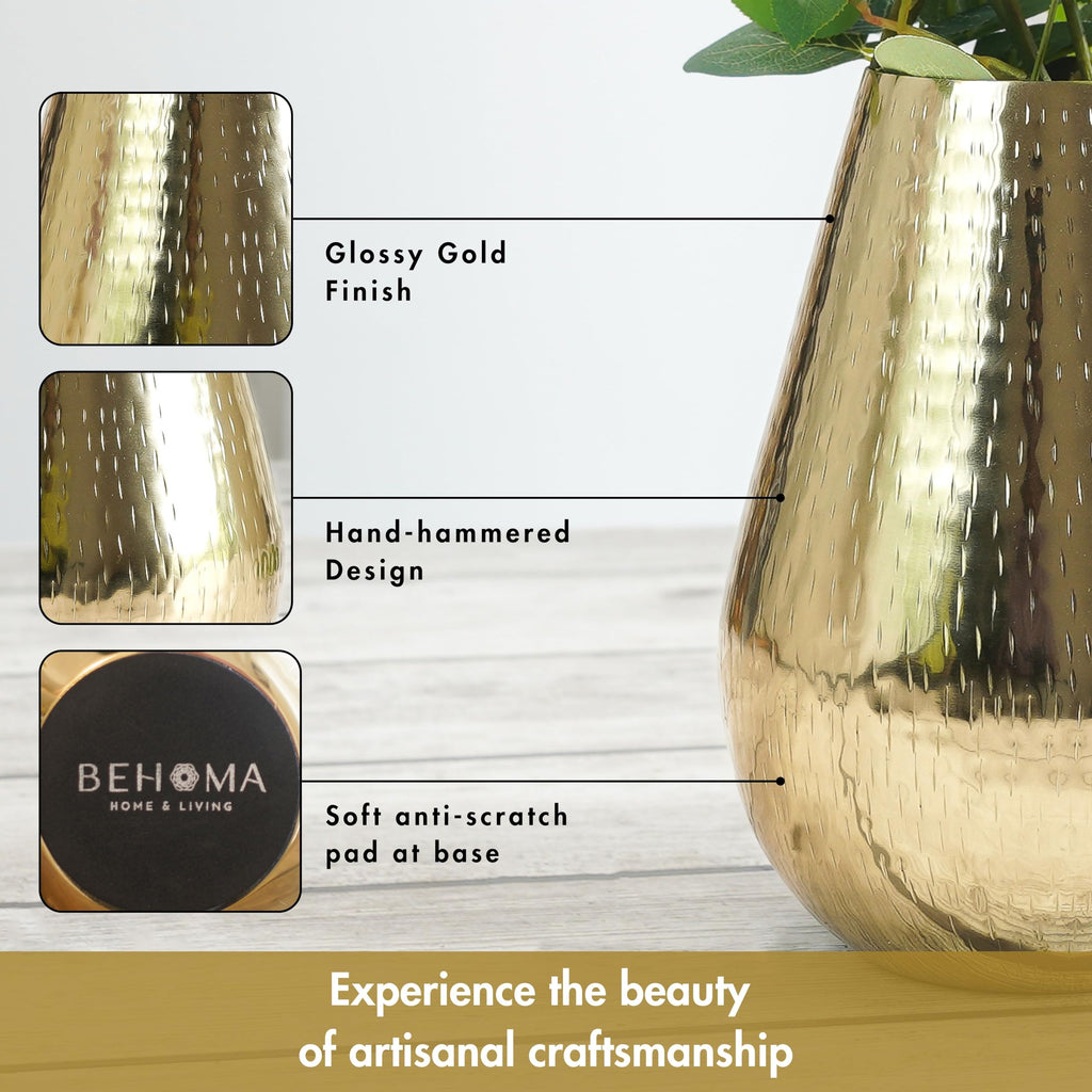 BEHOMA Drop Shape Metal Hammered Flower Vase, Gold - 2 Pcs