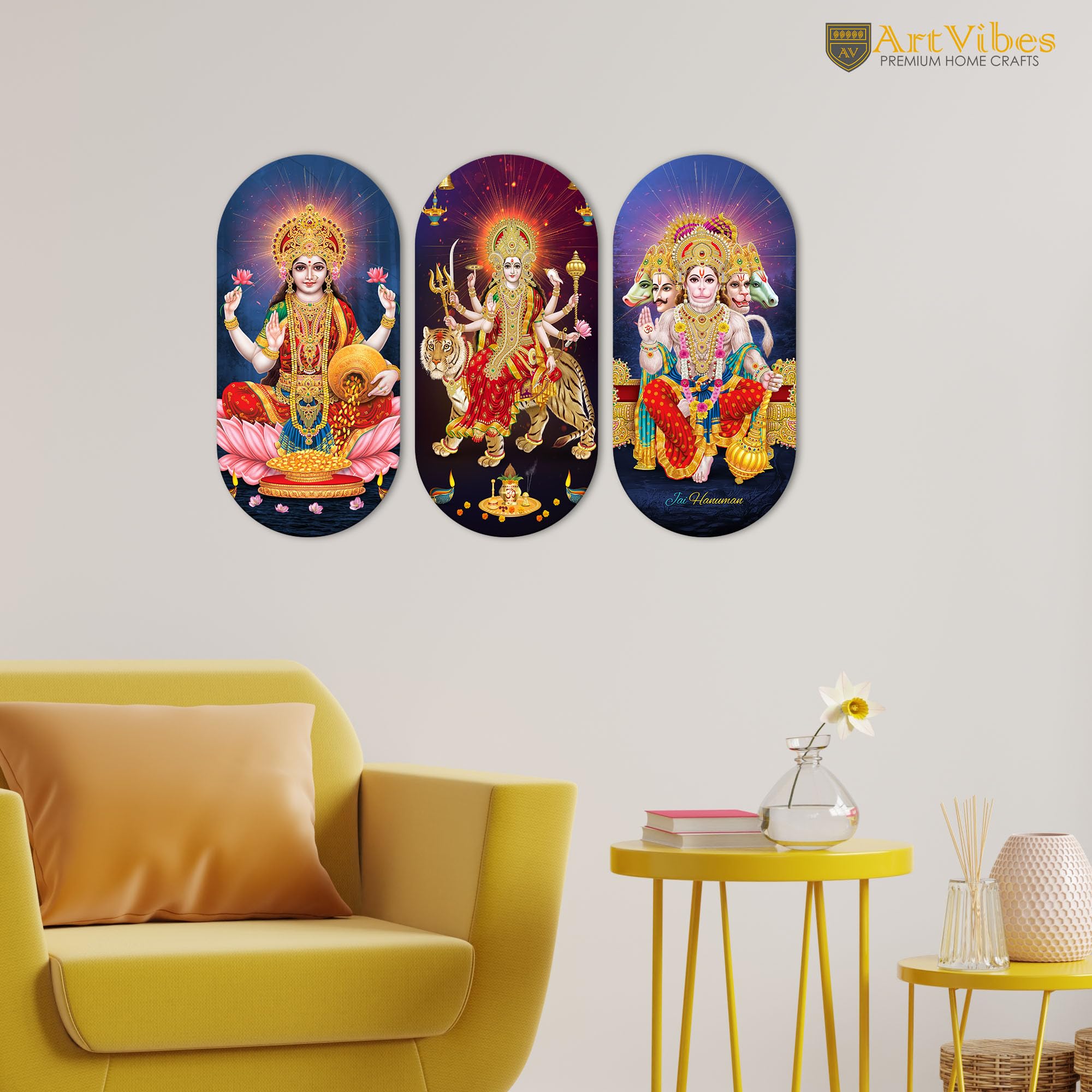 Artvibes Hindu Gods Designer Wooden Wall Hanging Decoration Items for Home | Spiritual Decor Items | Wall Painting | Wall Illustrations| Stylish Modern Decor Item | Gift Items (WH_9020N), Set of 3