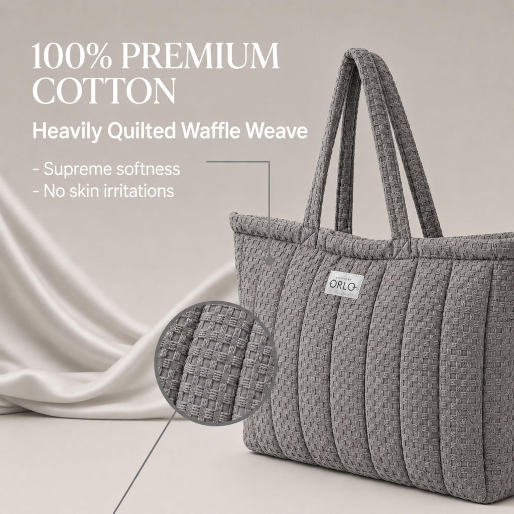 HOUSE OF ORLO Women's Cotton Quilted Aesthetic Tote Bags, Waffle Weave Handmade with Zipper and Double Handles for Women and Girls, Daily Use Handbags for College, Travel, Work (Grey)