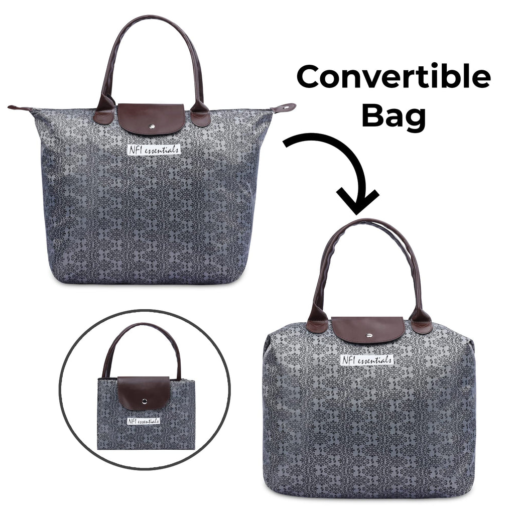 NFI essentials Womens Shopping Tote Bag Foldable Handbag Travel Bag Shoulder Waterproof Carry Bag for Grocery & Daily Use, Dark Grey