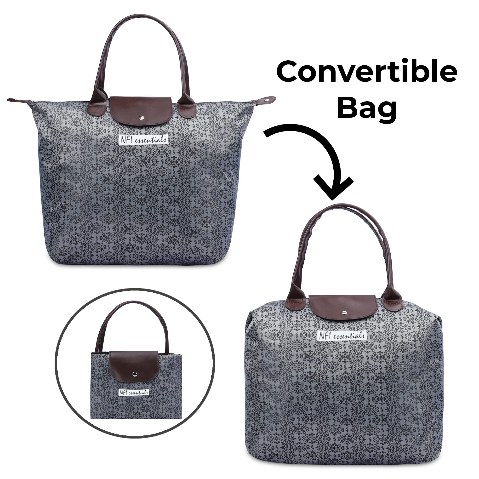 NFI essentials Womens Shopping Tote Bag Foldable Handbag Travel Bag Shoulder Waterproof Carry Bag for Grocery & Daily Use, Dark Grey
