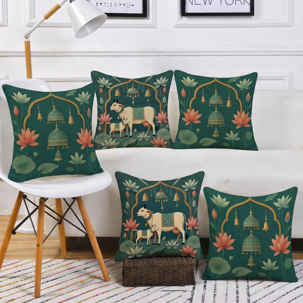 STITCHNEST Satin Cushion Covers Green Ethnic Print with Cow, Lotus & Bell Art, 16x16 Inch (Pack of 5)