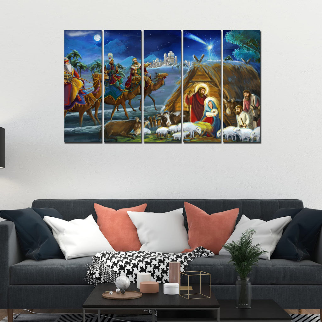 VIBECRAFTS Three King And Holy Family 5 Pieces Canvas Wall Painting For Home | Office | Living Room | Gift (PTVC5Pcs4_8525)