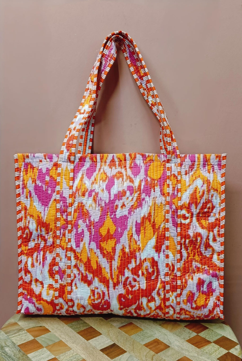 HOUSE OF GULAB Tote Bag for Women Stylish Canvas Handbag with Long Handle Inside Pocket Shoulder Bag Shopping College Office Travel Tote Bag for Girls Daily Use Fashion Bag (Pink & White & Orange)