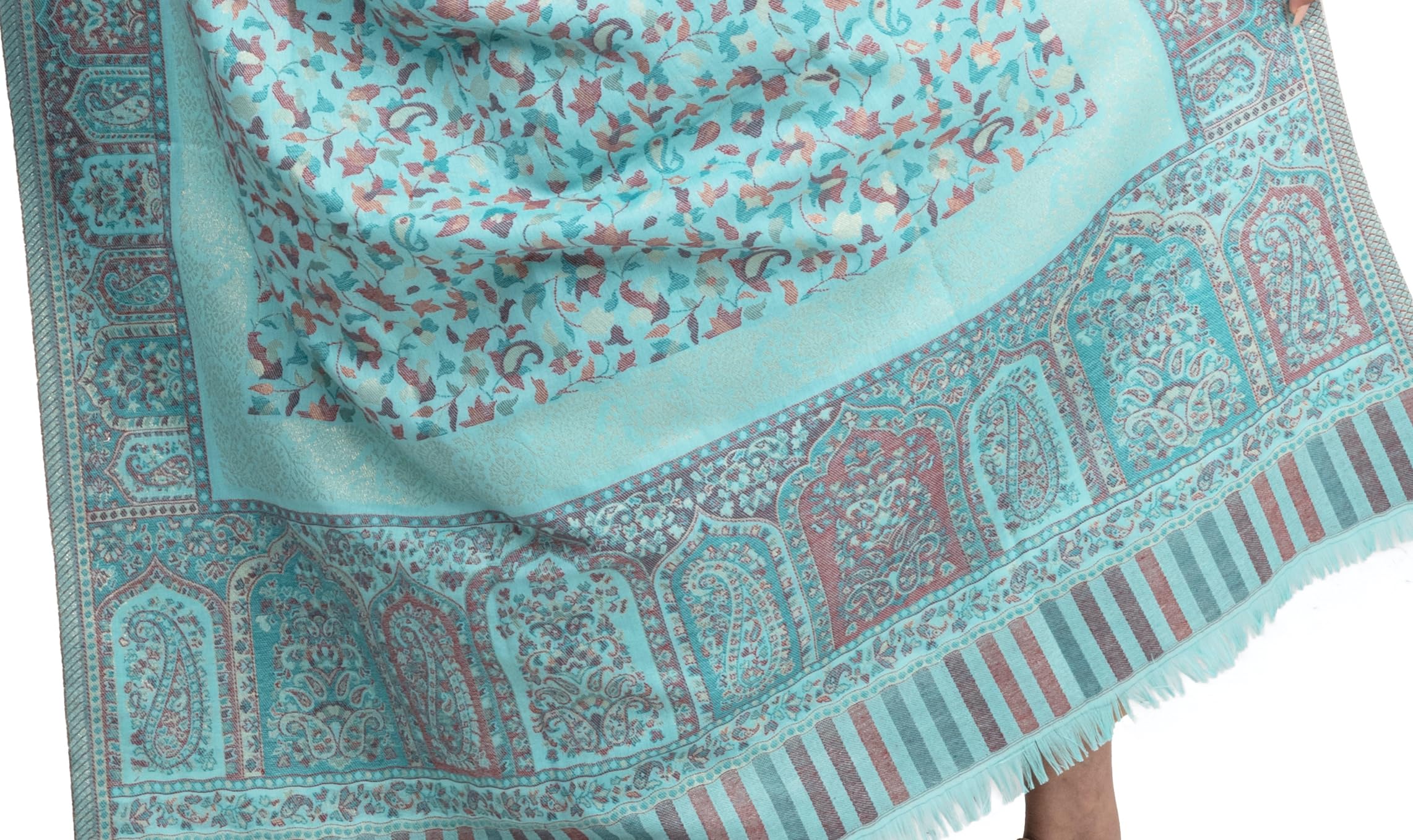 Naureen Women Faux Pashmina Kani Shawl with Mughal Artwork and Zari Accents, Warm and Soft, 40x80 inch
