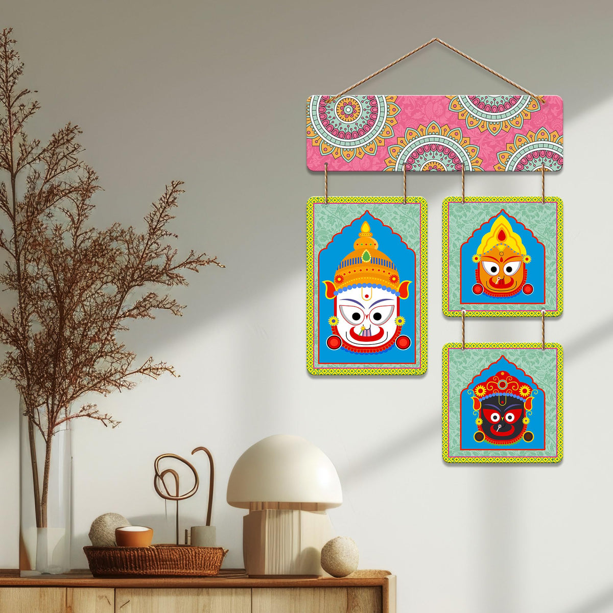 Artvibes Lord Jagannath Balabhadra Subhadra ji Designer Wooden Wall Hanging Decoration Items for Home | Spiritual Decor Items | Wall Poster| Stylish Modern Decor Item | Gift Items (WH_6537N)