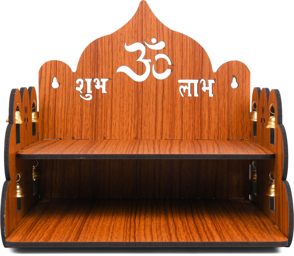 GOJEEVA KRAFT Engineered Wood Hand Crafted Carved Pattern Home Temple for Idols Temple for Home and Office I OM Devghar | Set Top Box Stand I Wooden Mandir (Pack of 1) (Medium)