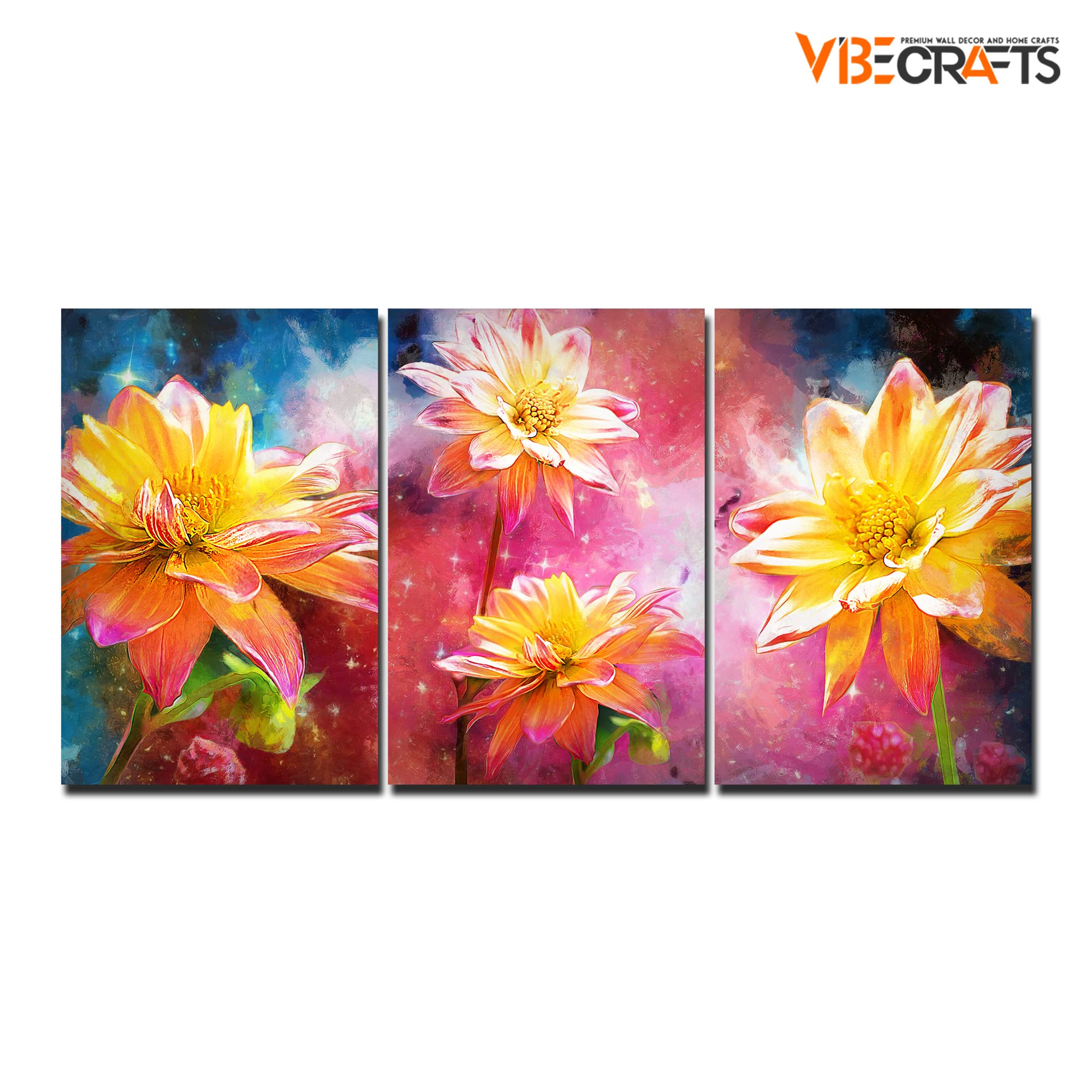 VIBECRAFTS Homcraft Beautiful Yellow Flower 3 Pieces Canvas Wall Painting Fitted With Wooden Frame For Home | Office | Living Room | Gifts(PTVC3Pcs3_11516)