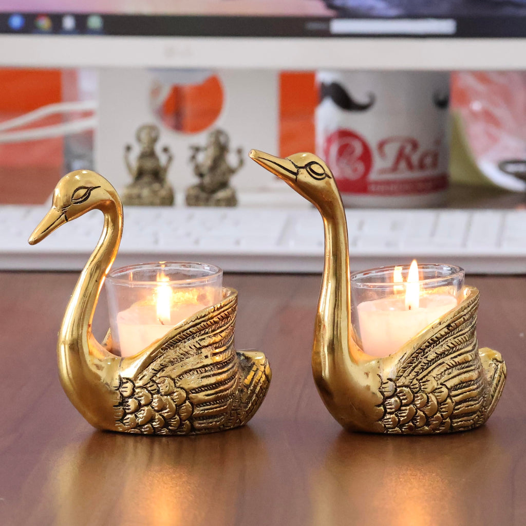 KridayKraft Aluminium Pair of Swans for Good Luck and Love | Candle Holder for Home Decor Tabletop | Showpiece for Gifting Anniversary Valentine's Day (Votive Candle Holders)