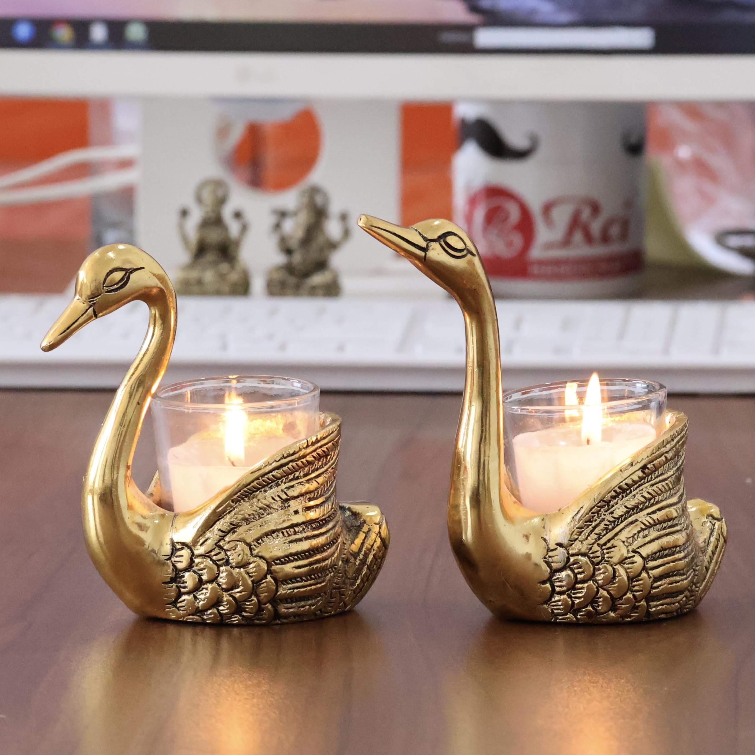 KridayKraft Aluminium Pair of Swans for Good Luck and Love | Candle Holder for Home Decor Tabletop | Showpiece for Gifting Anniversary Valentine's Day (Votive Candle Holders)