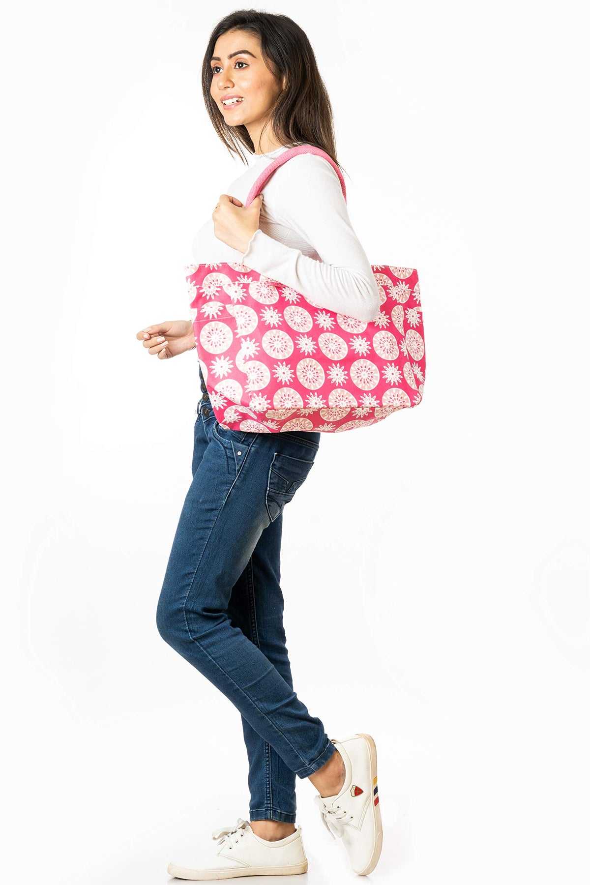 AQVA Cotton Canvas Tote Bag for Women with Side Pockets | Trendy Stylish Multipurpose Handbag with Zipper | Shoulder Bag for Shopping, Travel and Work | Motifs, Pink