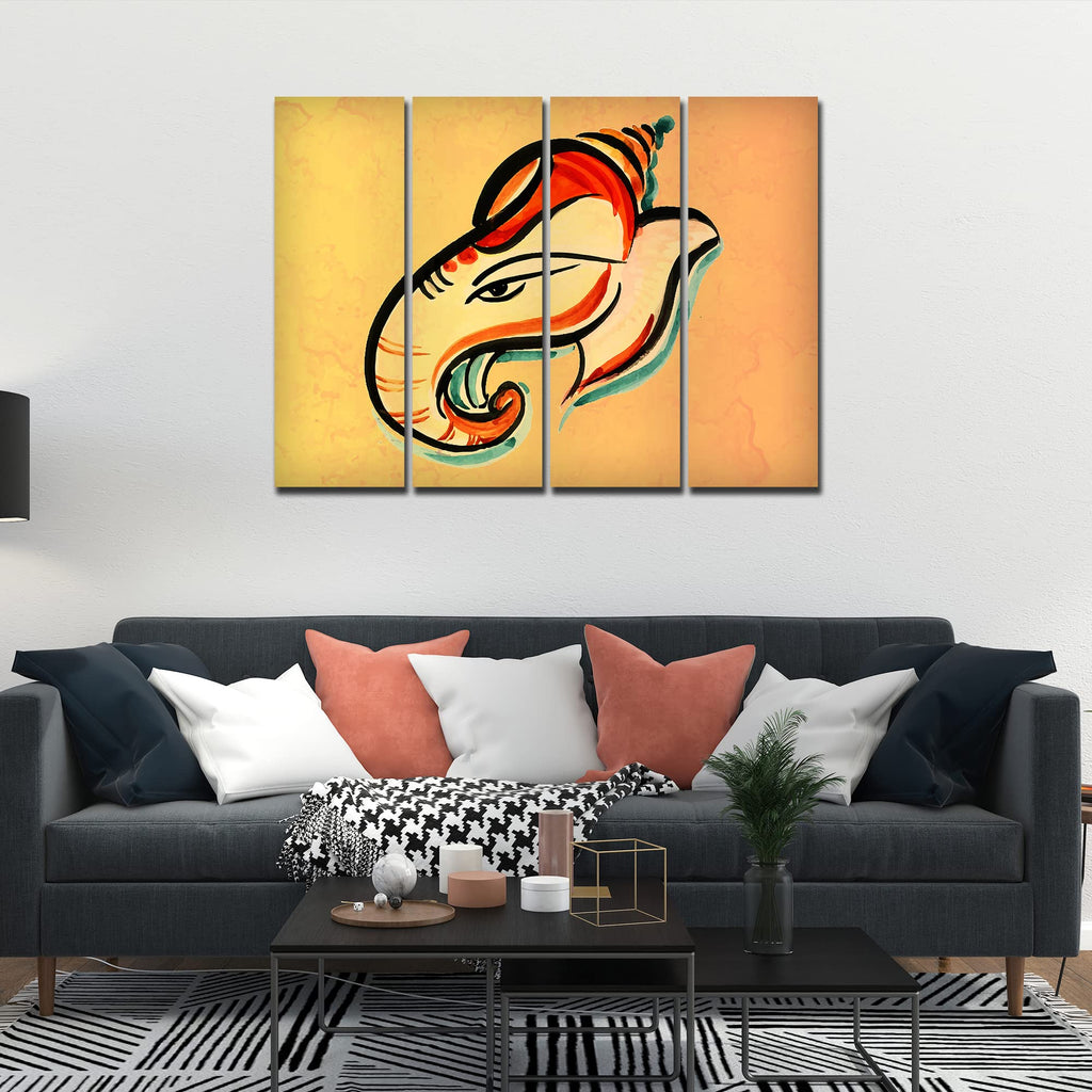 VIBECRAFTS 4 Pieces Ganesha Head Abstract Art Canvas Wall Painting Fitted With Wooden Frame For Home | Office | Living Room | Gift(PTVC4Pcs1_13522)
