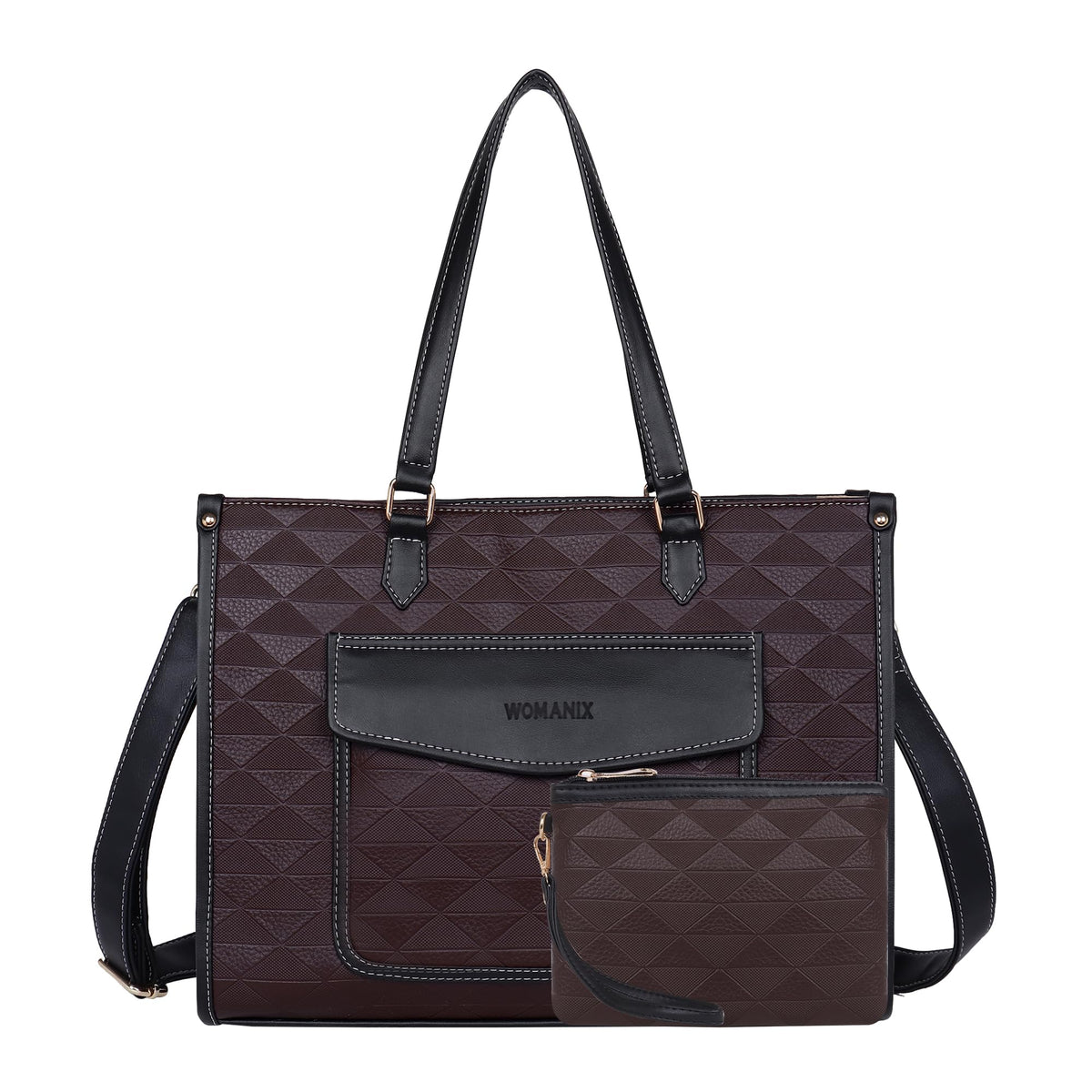Womanix PU Laptop Tote Bags for Women with Front Pocket, Work Bag,15 inch tote for Women, Large Capacity Handbag for Office, School, Travel, Teacher Purse (Brown Black)