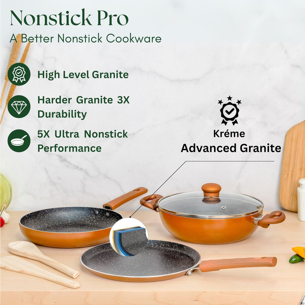 Kreme Petals 3 Piece Non-Stick Cookware Set | Granite Coating | Induction Base | PFOA Free | Lead Free | 25cm Tawa, 24cm Kadai, 24cm Fry Pan,1 Glass Lid & 2 Wooden Spoon | ISI Certified | Copper
