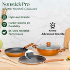 Kreme Petals 3 Piece Non-Stick Cookware Set | Granite Coating | Induction Base | PFOA Free | Lead Free | 25cm Tawa, 24cm Kadai, 24cm Fry Pan,1 Glass Lid & 2 Wooden Spoon | ISI Certified | Copper