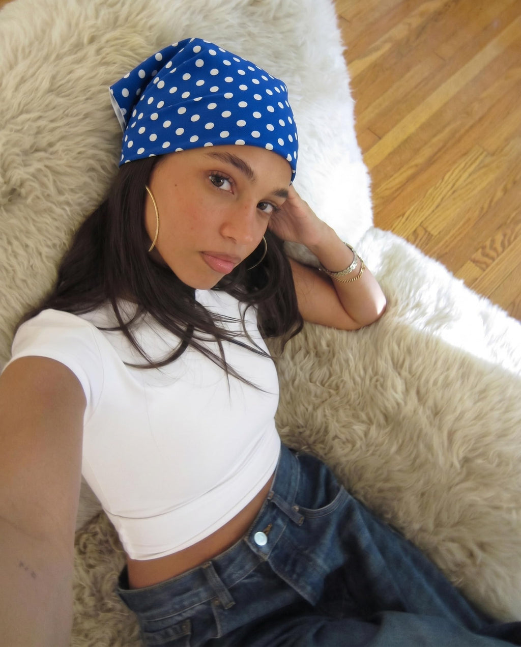 Grey Exim Blue Polka Dot Bandana for Women, Polyester Head Scarf, Stole for Ladies, 50x50 CM, Trendy Neck Scarf