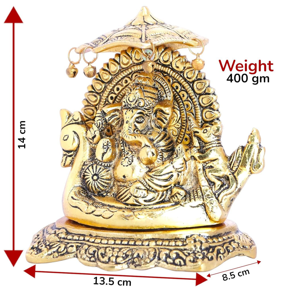 KridayKraft Metal Ganesha Statue Sitting on Boat, ganpati Bappa Religious Idol,Metal Ganesh ji Showpiece Figurines- Medium, Gold