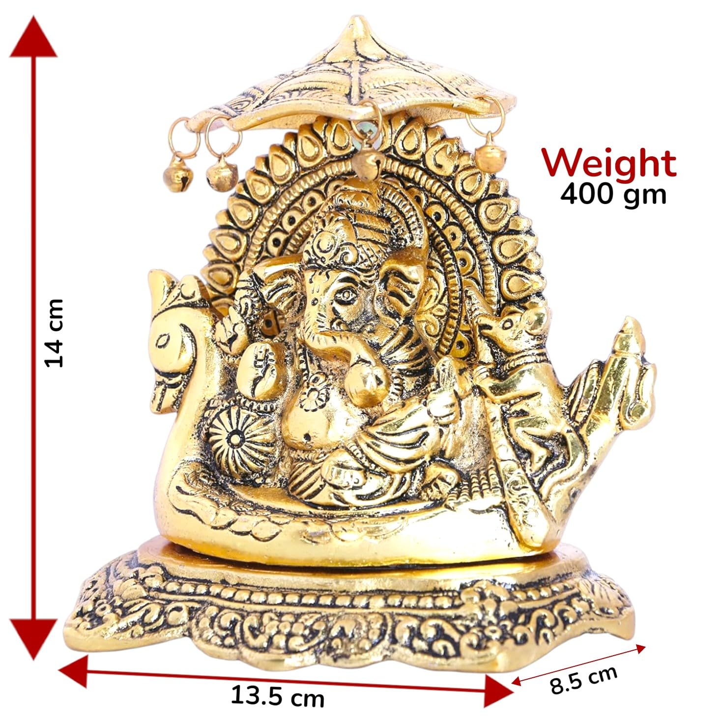 KridayKraft Metal Ganesha Statue Sitting on Boat, ganpati Bappa Religious Idol,Metal Ganesh ji Showpiece Figurines- Medium, Gold