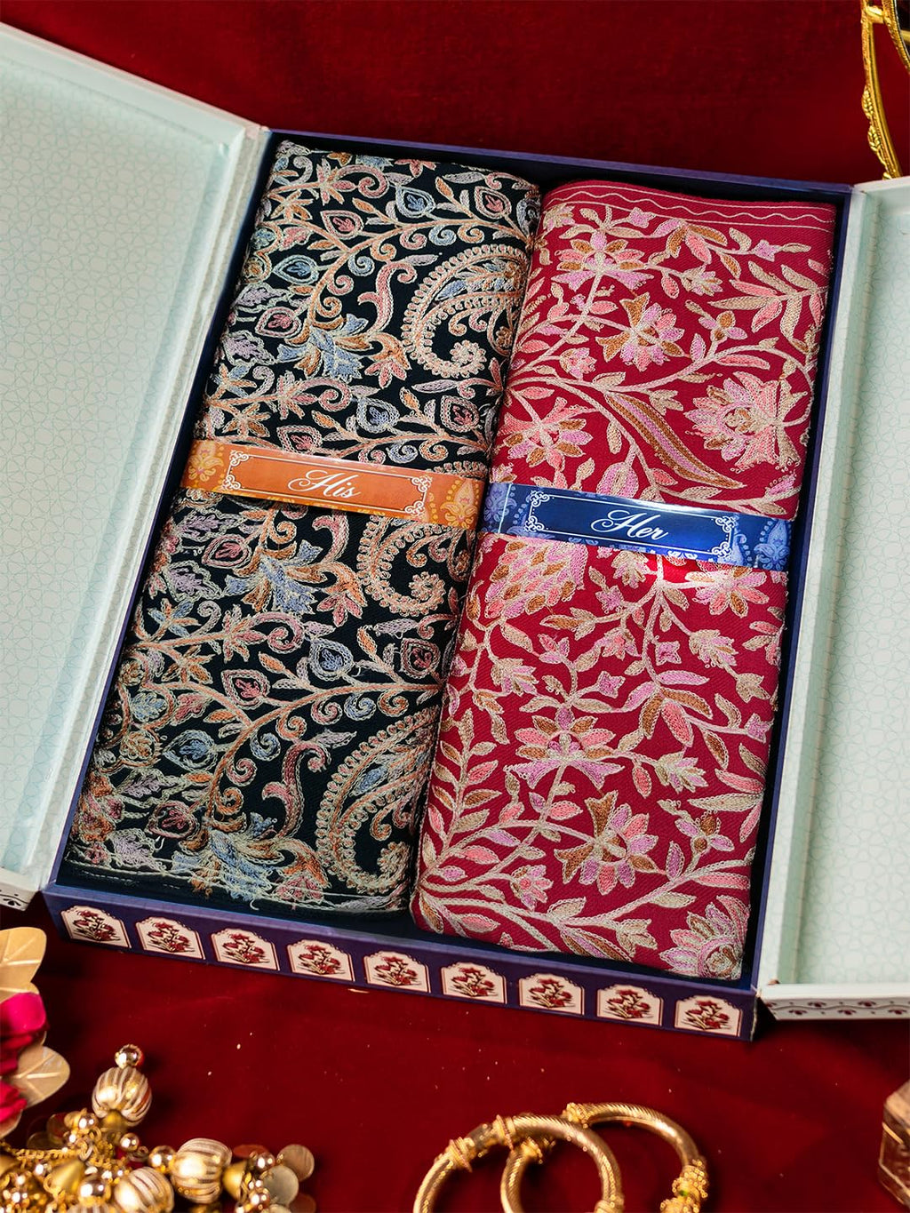 Pashmoda His and Her Gift Set of Wool Blend Nalki Embroidered Stoles With Wooden Gift Box