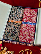 Pashmoda His and Her Gift Set of Wool Blend Nalki Embroidered Stoles With Wooden Gift Box