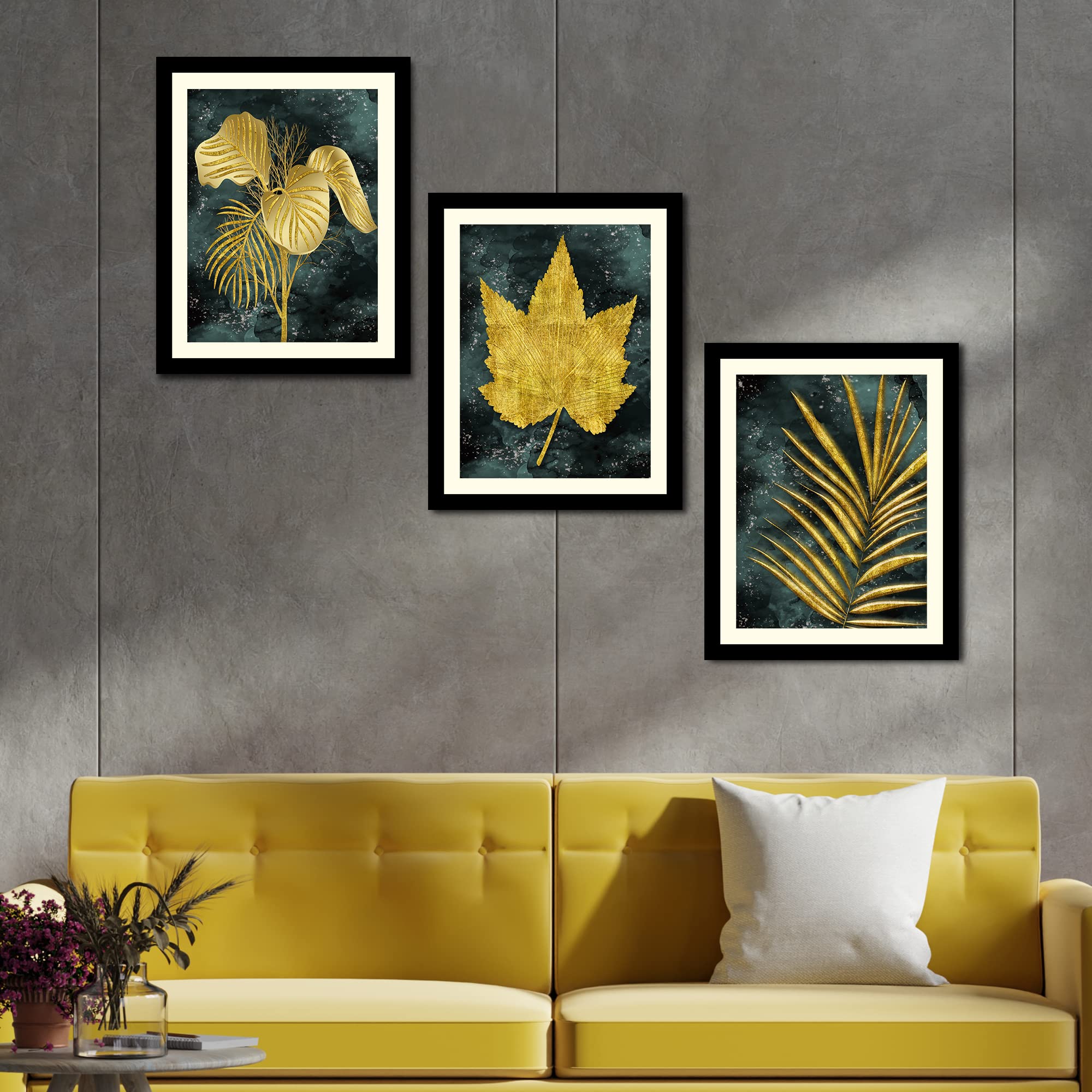 VIBECRAFTS Golden Leaves Decorative Wall Frames Set of 3 For Office Digital Reprint Posters with Synthetic Wooden Frame Home, Office Decorative Gift Item(15 inch x 12 inch)(PFVC3Pcs4_1323)