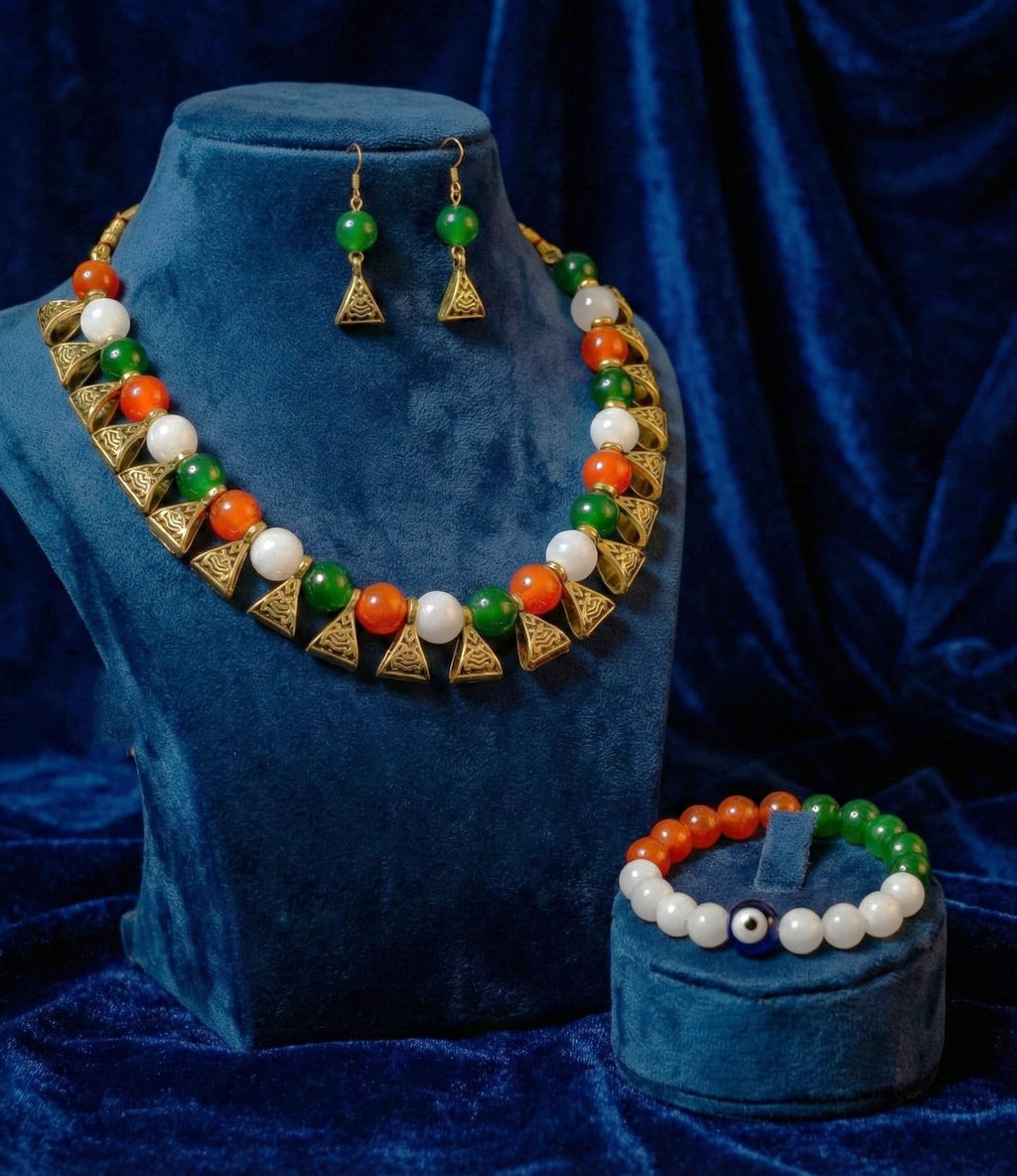 JFL - Jewellery for Less Tri Color Necklace set with Bracelet Handmade Independence Day/Republic Day in Orange, White & Green Women & Girls
