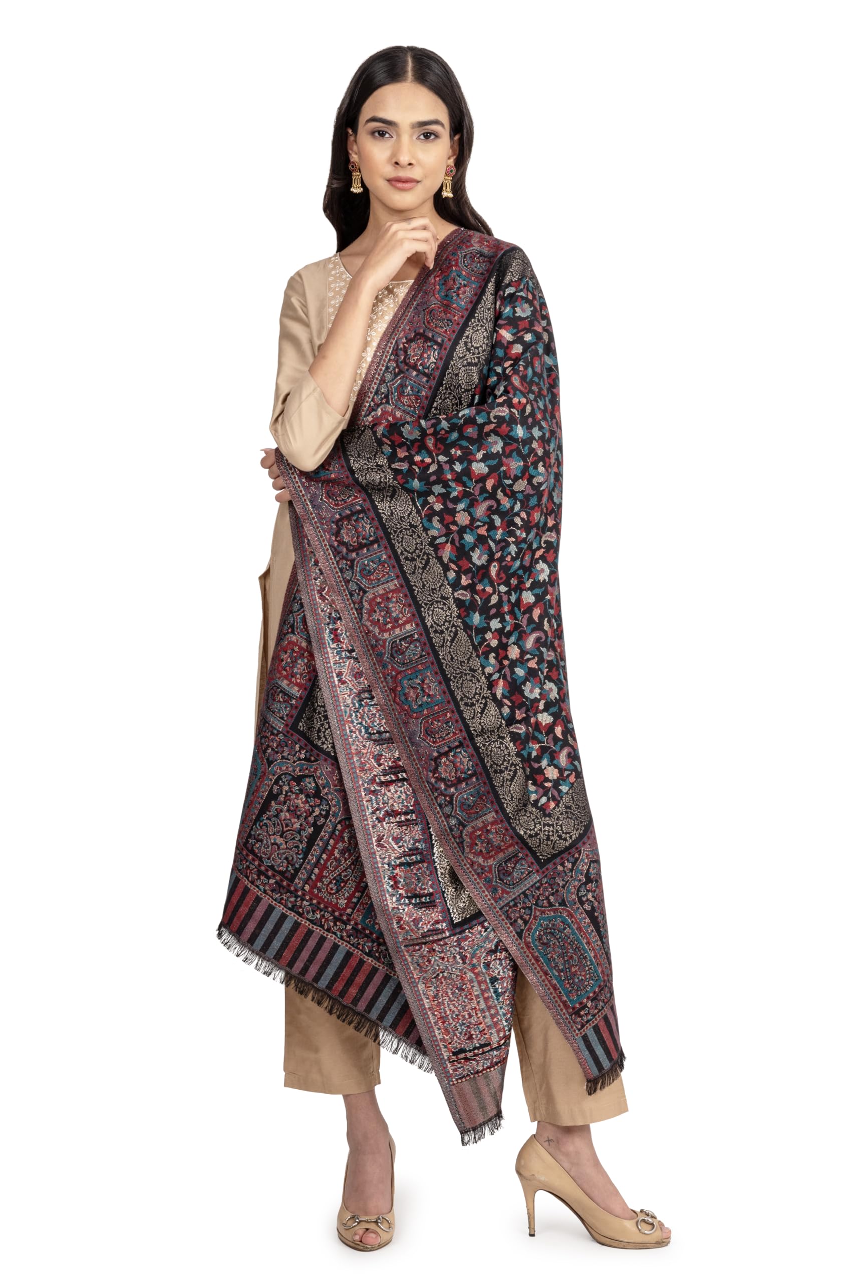 Naureen Women Faux Pashmina Kani Stole with Mughal Artwork and Zari Accents, Warm and Soft, 28x80 inch