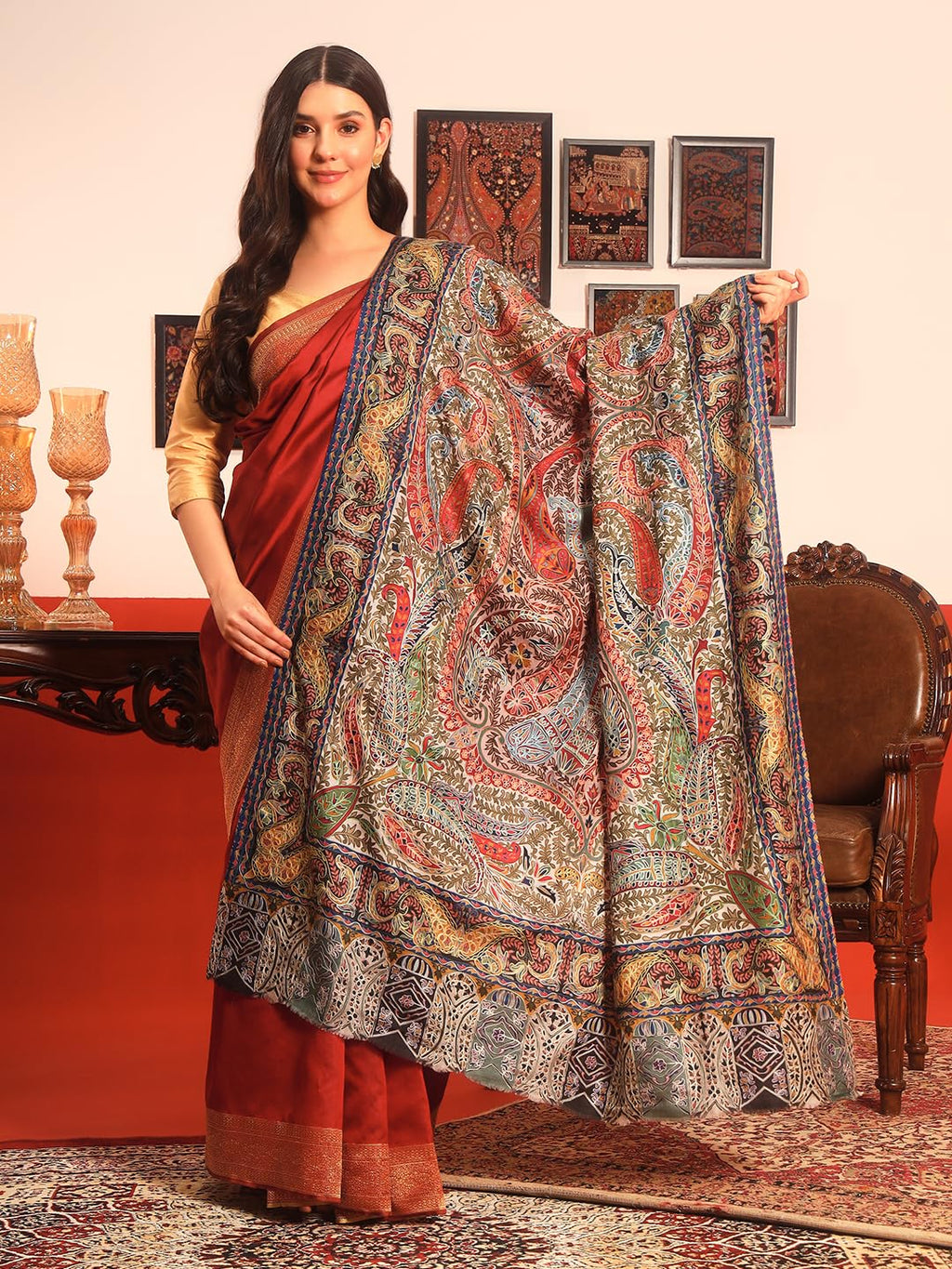 Pashmoda Women Rangmehal Fine Wool Fabric Pashmina Kalamkari Embroidered Shawl (Size: 40x80in, 101x203cm) KAS16