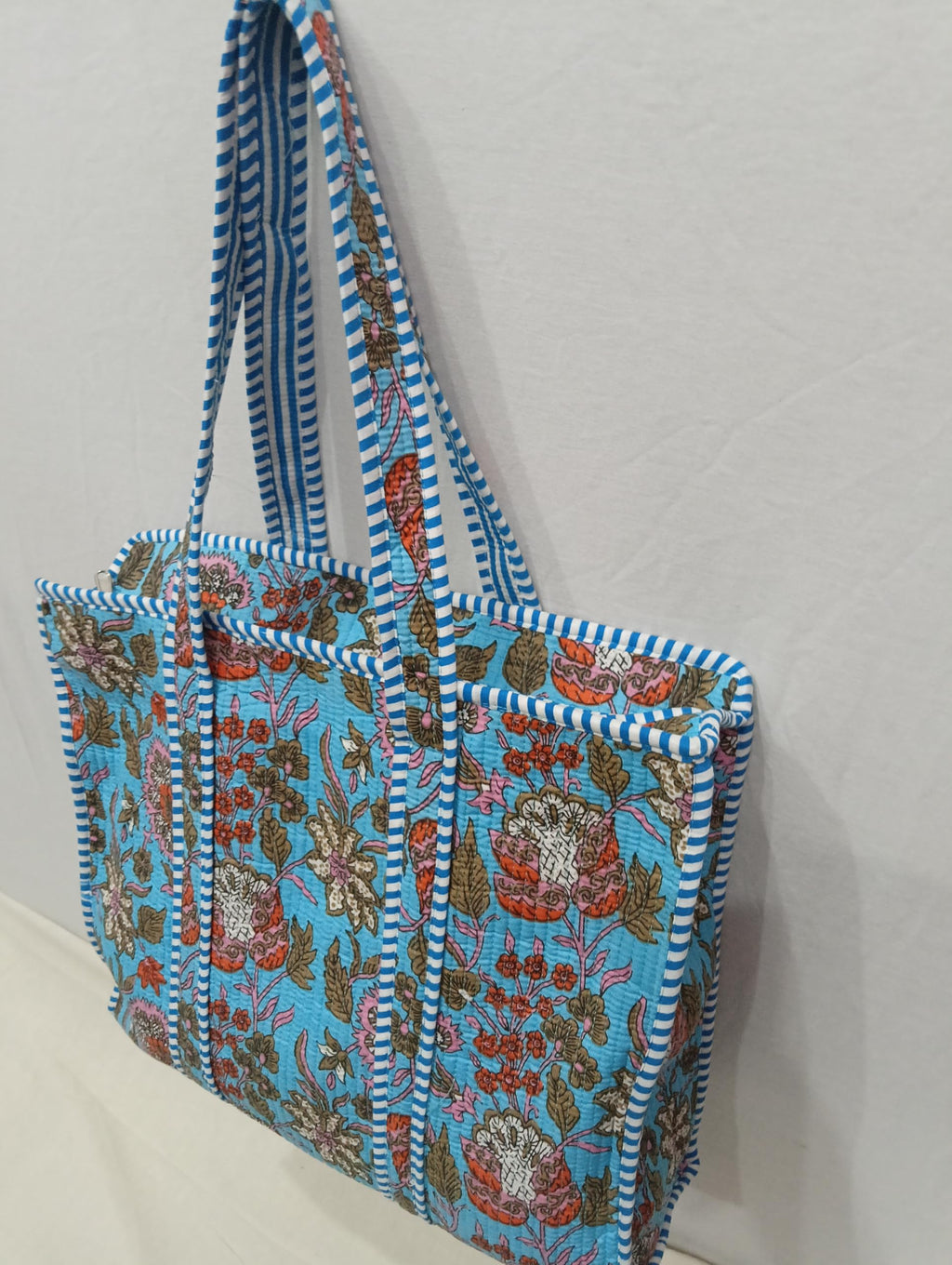 Raj Handicrafts Cotton Printed Tote Bag,Hand Bag Multicolor Quilted Hand Block Floral Printed Women's Carry Bag Shoulder Shopping Tote Bags 18x5.5x16 Inch (Blue 1)