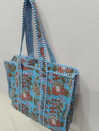 Raj Handicrafts Cotton Printed Tote Bag,Hand Bag Multicolor Quilted Hand Block Floral Printed Women's Carry Bag Shoulder Shopping Tote Bags 18x5.5x16 Inch (Blue 1)