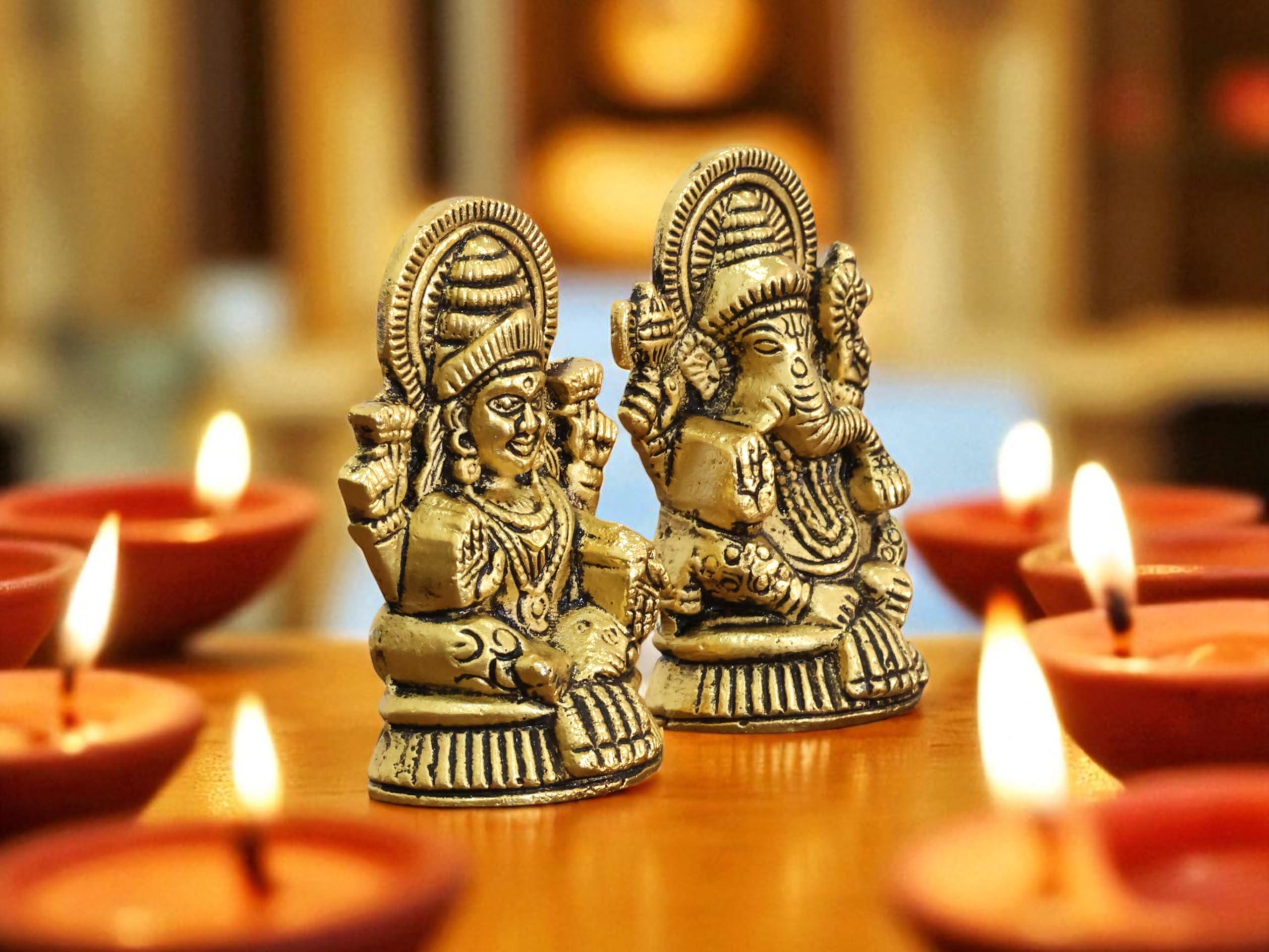 KridayKraft Metal Laxmi & Ganesh Idol Pair – Gold-Finish Mini Statues (7.5 cm × 4 cm Each), 160 g – Auspicious Home Puja Decor & Diwali Gift