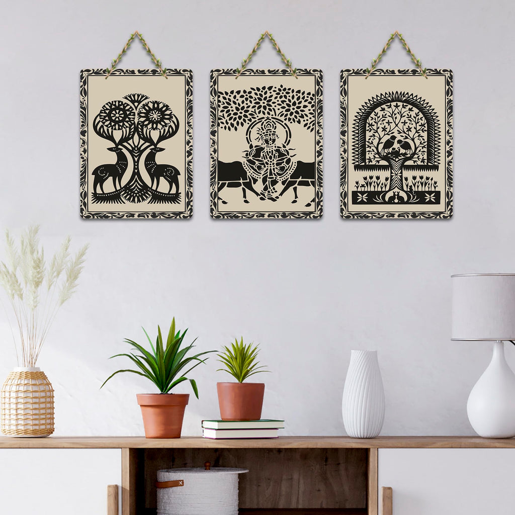 Artvibes Artistic Animal Theme Wooden Art Decoration Item for Living Room | Modern Decoration Items | Handcrafted Art | Aesthetic Wooden Decor | Artworks Hangings | Gift Items (WH_9696N), Set of 3