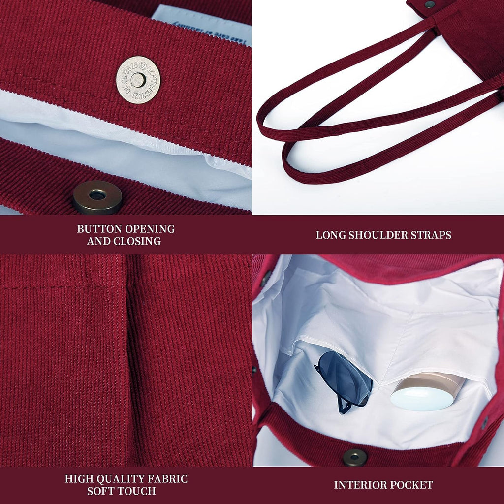 Kawn Women Corduroy Canvas Tote Bag Shoulder Cord Purse Reusable Shopping Bag Grocery Bag Large Capacity Washable Handbag Girls Shoulder Bag With Inner Pocket For Daily Use (Wine Red)