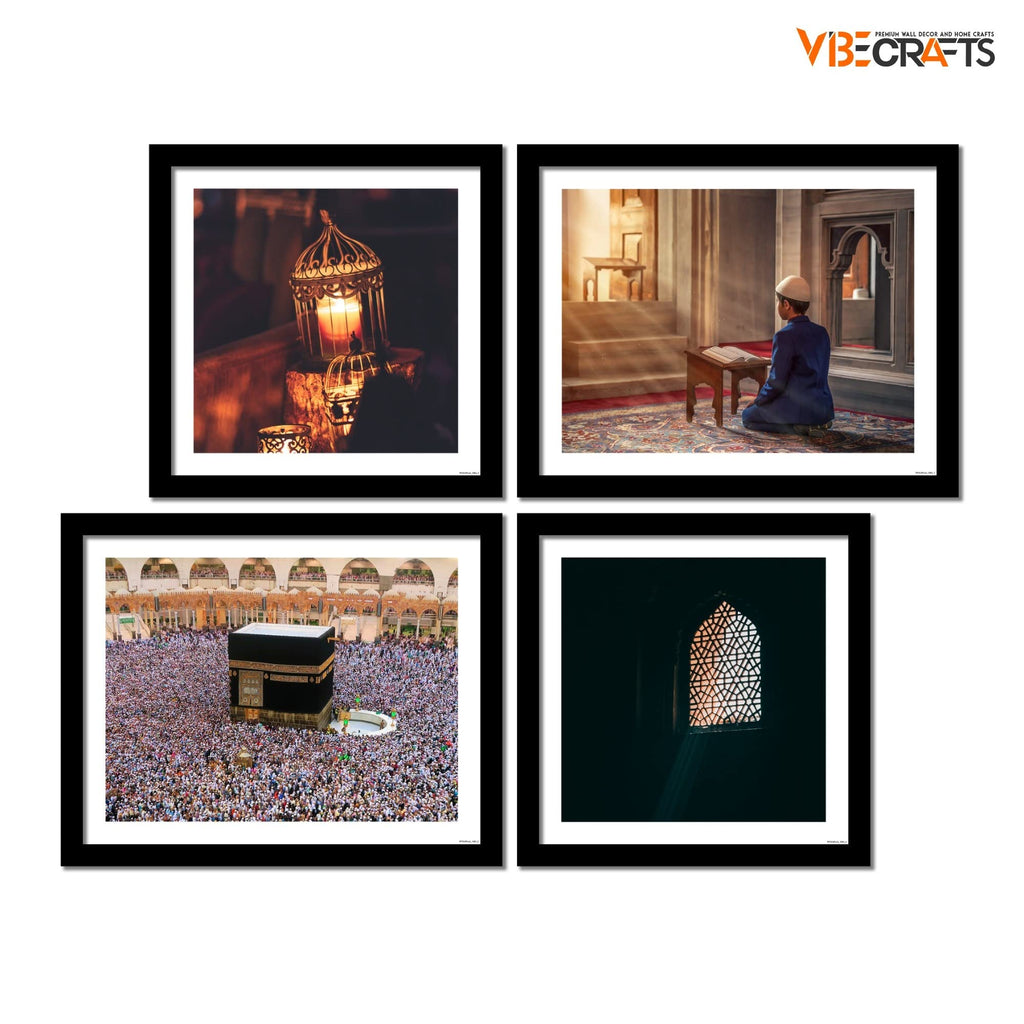 VIBECRAFTS Muslim Pilgrimage Praying & Kaaba 4 Pieces For Office Digital Reprint Posters with Synthetic Wooden Frame Home, Office Decorative Gift Item(15 inch x 12 inch)(PFVC4Pcs3_1503)