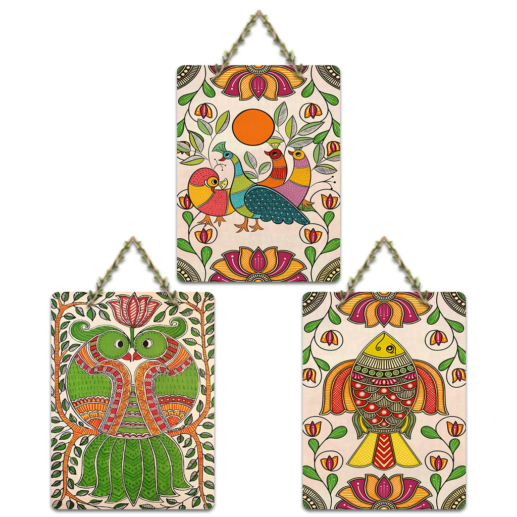 Artvibes Birds & Fish Traditional Indian Folk Art Home Decorative MDF Wooden Wall Art for Home | Office | Cafe | Aesthetic Wooden Decor | Graphic Artwork | Unique Gift Items (WH_9636N), Set of 3