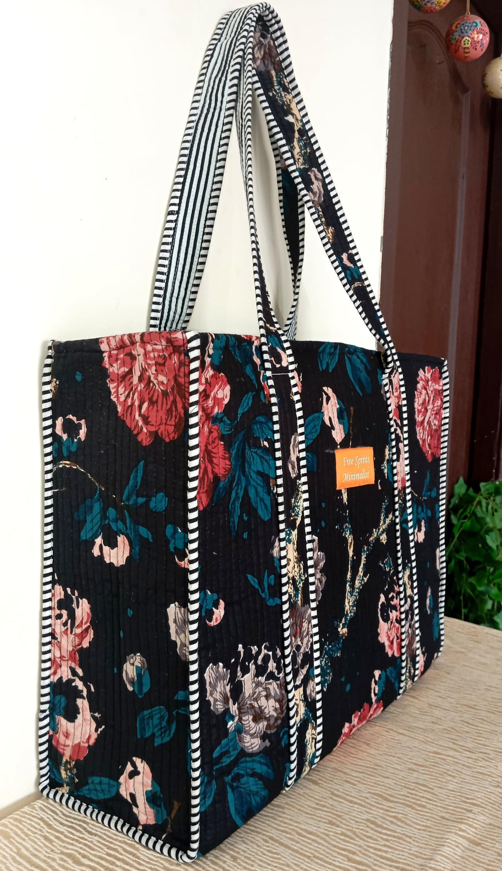 Cotton Tote bag for Women | Shoulder Bag | Durable Shopping bag | Reusable Grocery Bags | Eco friendly Bags| Handmade Cotton Bag | Stylish Quilted handBag |Vegan Tote Bag (Black MULTI)