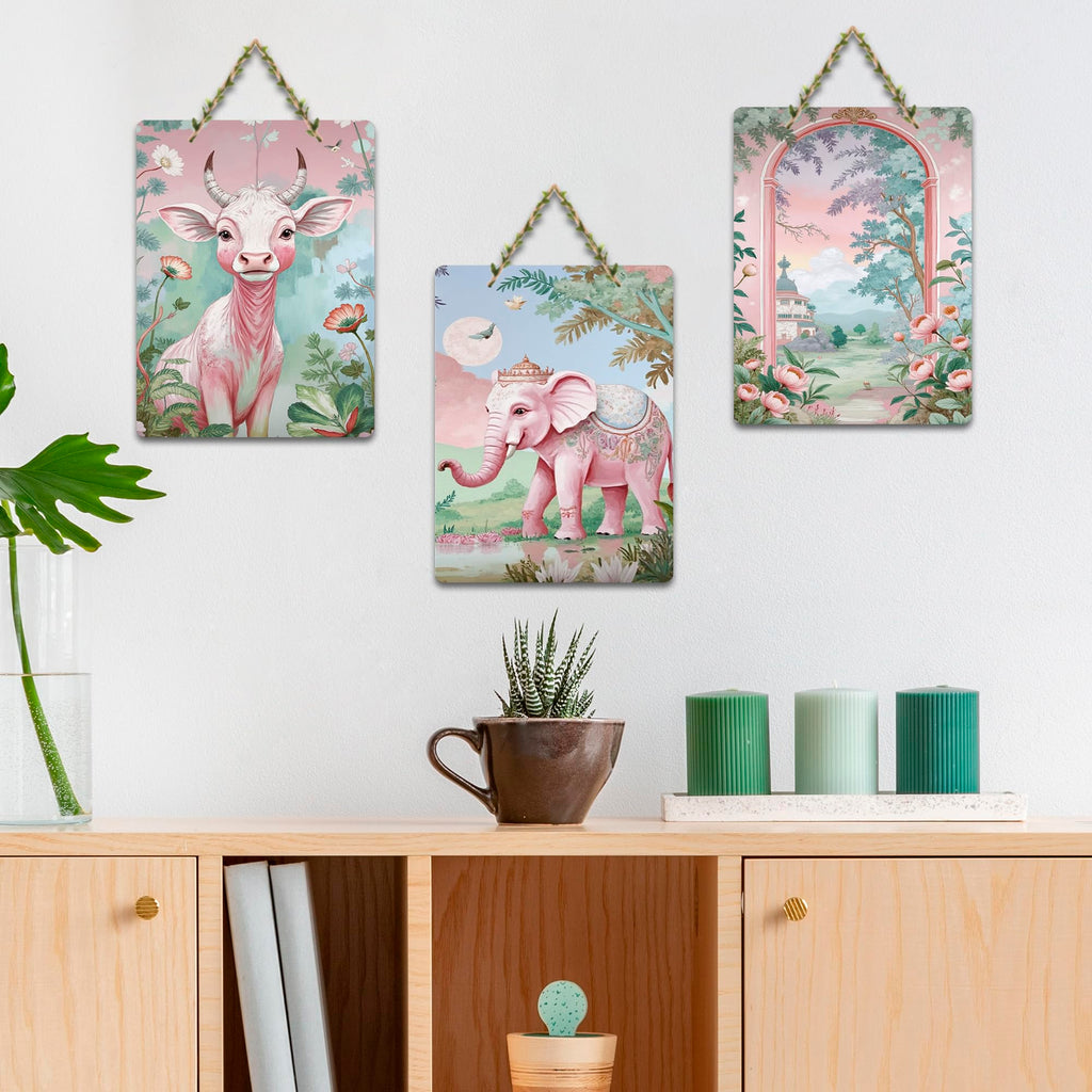 Artvibes Blissful Krishna Cow & Elephant Nature Art Wooden Wall Hanger for Home | Spiritual Decor Items | Wall Poster | Artwork| Stylish Modern Decor Item | Gift Items (WH_9650N), Set of 3