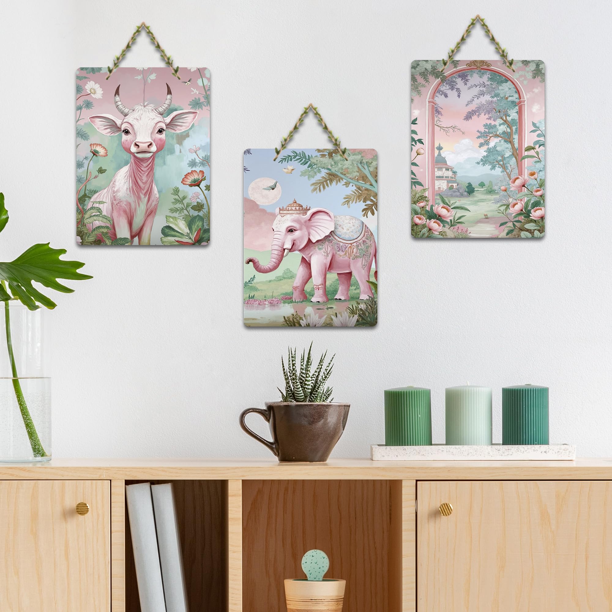 Artvibes Blissful Krishna Cow & Elephant Nature Art Wooden Wall Hanger for Home | Spiritual Decor Items | Wall Poster | Artwork| Stylish Modern Decor Item | Gift Items (WH_9650N), Set of 3