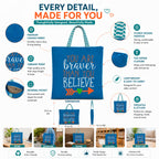 cantainoo Tote Bags | 300 GSM Canvas Tote Bag for Women | Tote Bags for Women | College, Shopping, Office & Everyday Carry Bag (Brave & Believe-Skyblue, Medium Pack of 1)