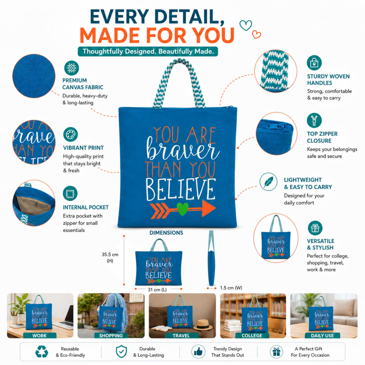 cantainoo Tote Bags | 300 GSM Canvas Tote Bag for Women | Tote Bags for Women | College, Shopping, Office & Everyday Carry Bag (Brave & Believe-Skyblue, Medium Pack of 1)