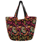 Craft Trade Women's Cotton Tote Bags with Zip 36x30x12 Cm Embriodery Mirror Work Leaf Print Shopping Handbag - Black