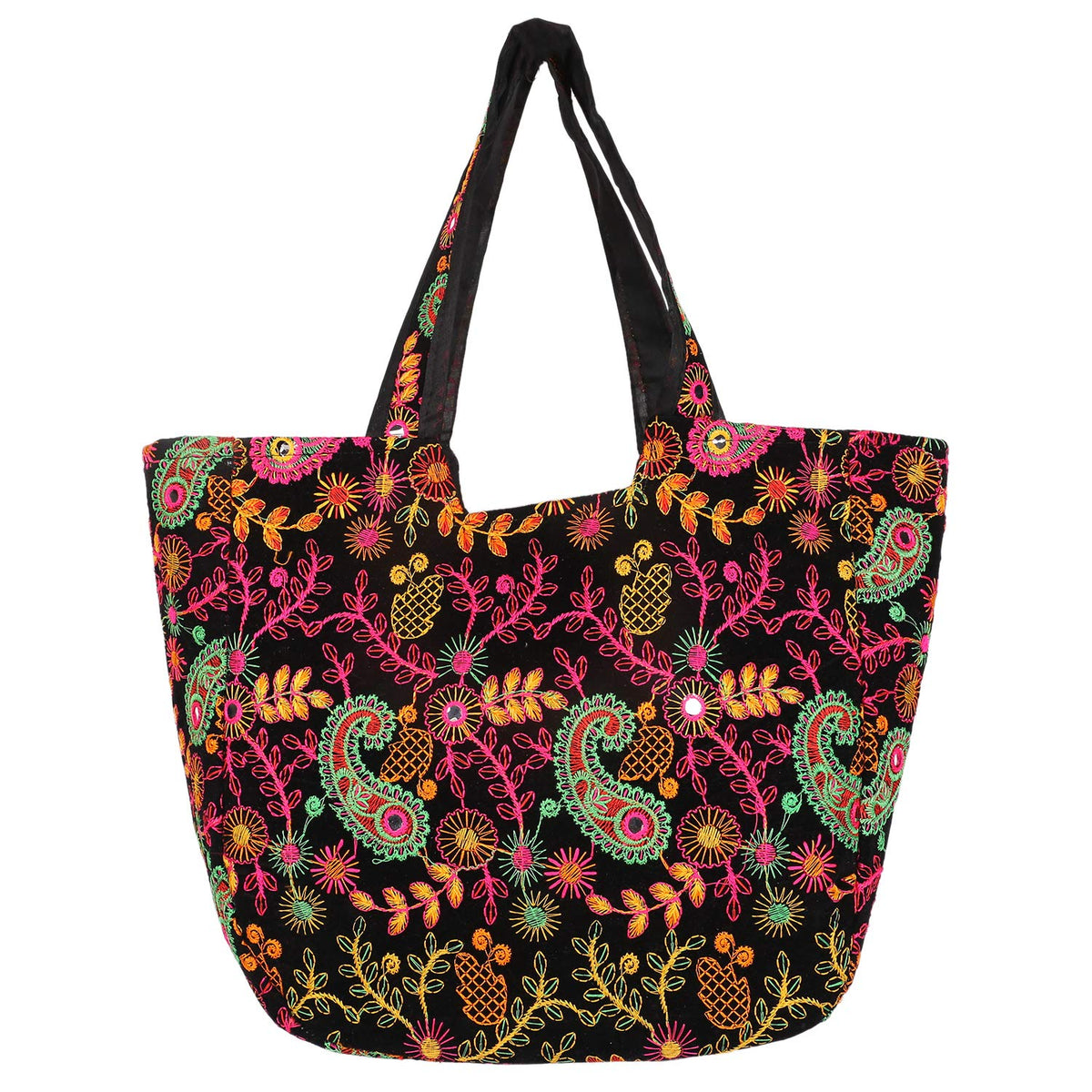 Craft Trade Women's Cotton Tote Bags with Zip 36x30x12 Cm Embriodery Mirror Work Leaf Print Shopping Handbag - Black