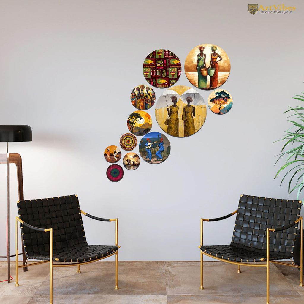 Artvibes African Tribal Dance & Their Routine Folk Art Round Shape MDF Wooden Wall Decor Items for Home | Art For Wall | Modern Decor Artwork | Wall Illustrations | Unique Gift (WPS_147N), Set of 11