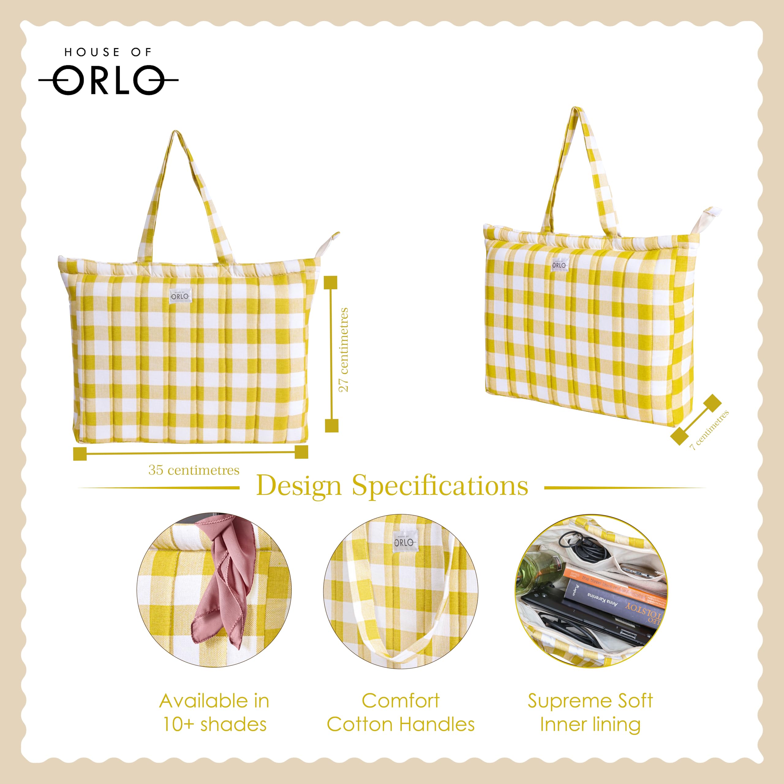 HOUSE OF ORLO: Pinteresty QUILTED 100% Cotton Checked Tote Bags with Zipper for Women - For College, Travel, Work and Daily Use -Small, Yellow