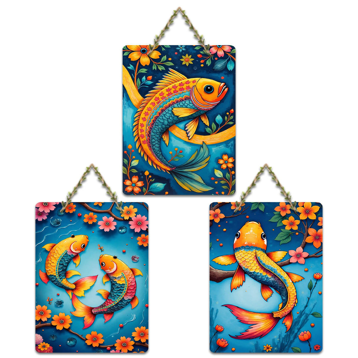 Artvibes Colorful Fish MDF Wood Wall Hanger Ornaments | Art For Wall | Modern Art Paintings | Wall Poster | Graphic Art | Gift Items | Office Wall Decoration Items (WH_9667N), Set of 3